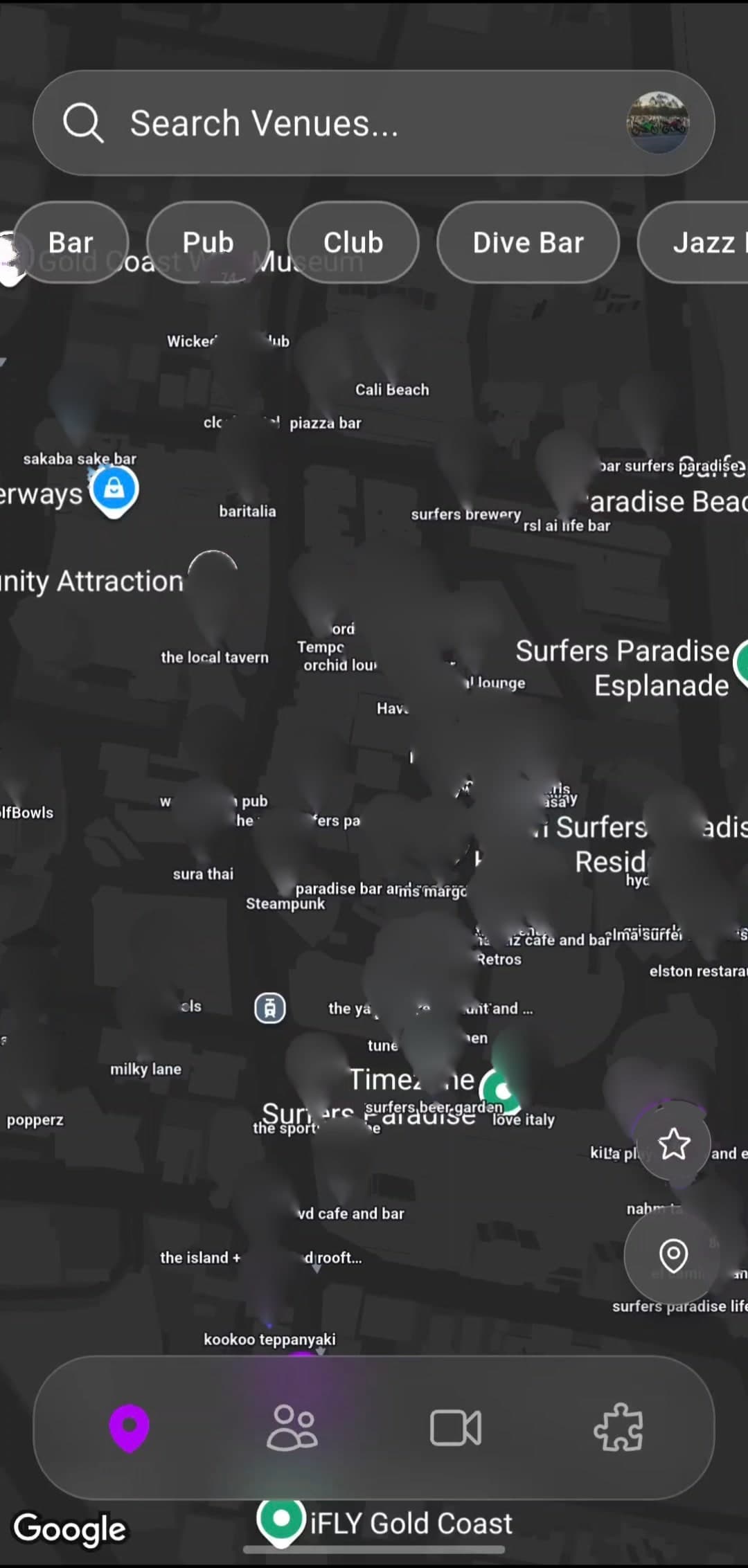 The Out'n'About map, showing venues around Surfers Paradise